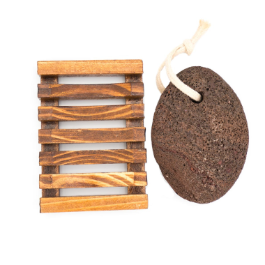 Pumice Stone for soft, smooth feet with a wooden tray.