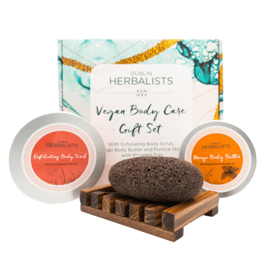 Dublin Herbalists Vegan Body care gift with mango body butter, exfoliating body scrub and pumice stone with wooden tray